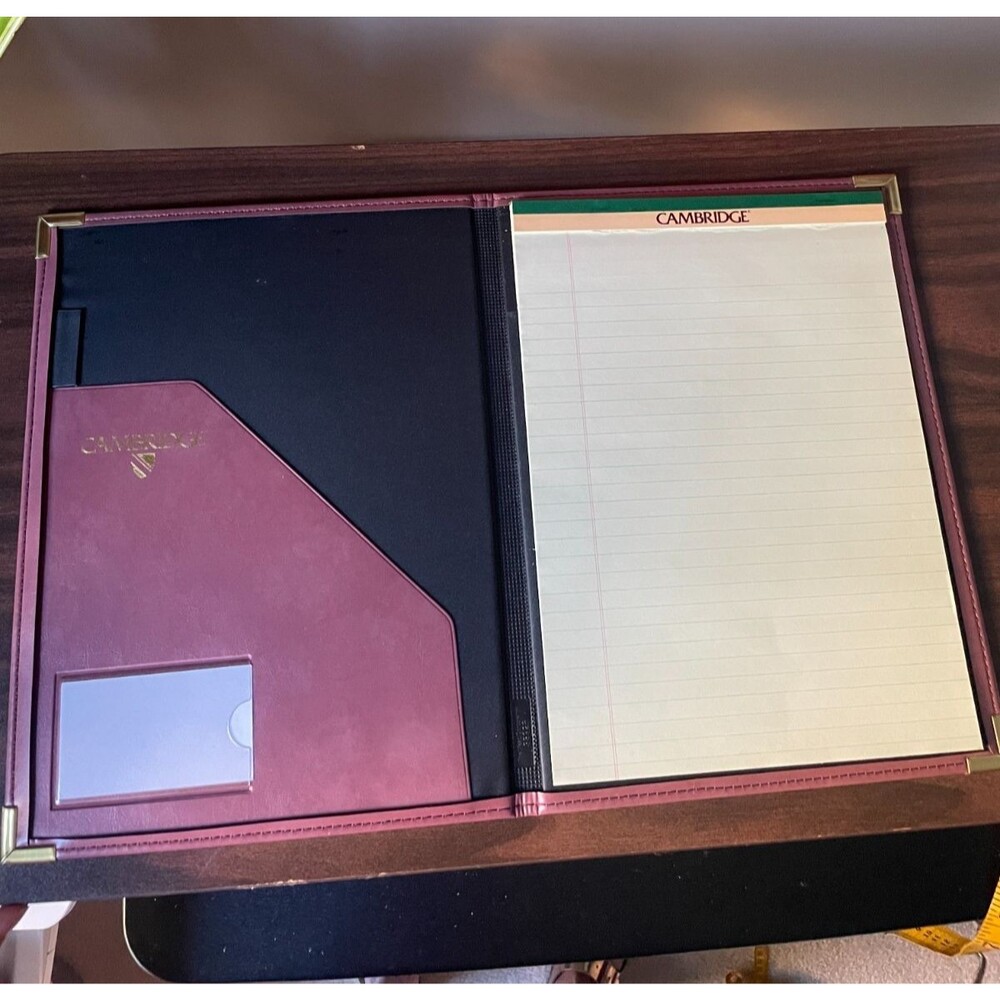 Vintage 80s Cambridge Burgundy Executive Padfolio Brass Corners Portfolio Folder